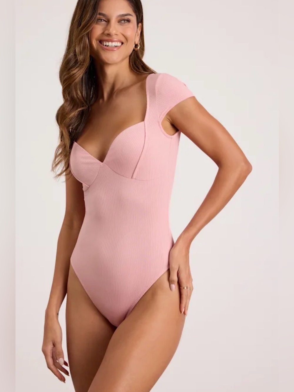 NWT Lulu's Blush Ribbed Knit Short Sleeve Bodysuit - Medium